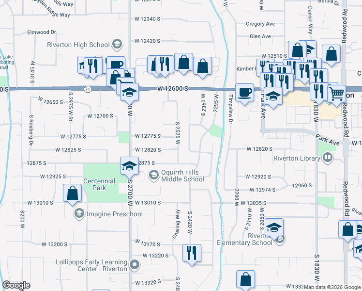 map of restaurants, bars, coffee shops, grocery stores, and more near 2421 West 12835 South in Riverton