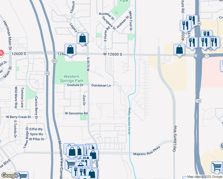 map of restaurants, bars, coffee shops, grocery stores, and more near 12847 Sunday Drive in Riverton