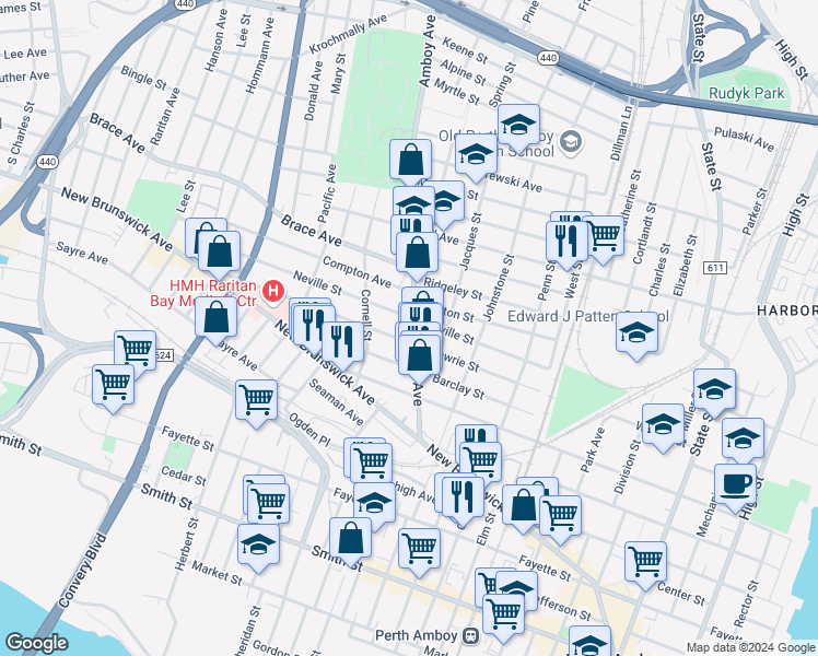 map of restaurants, bars, coffee shops, grocery stores, and more near 490 County Road 653 in Perth Amboy