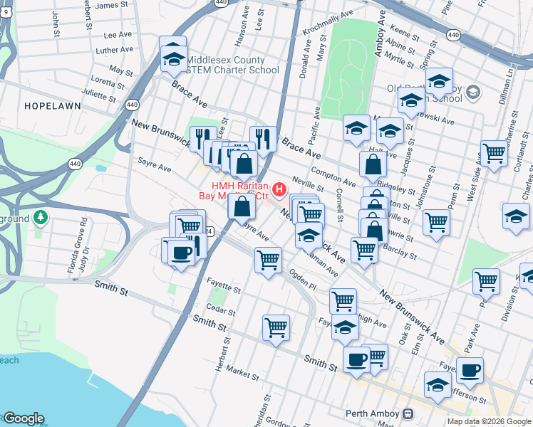 map of restaurants, bars, coffee shops, grocery stores, and more near 433 Broadhead Place in Perth Amboy