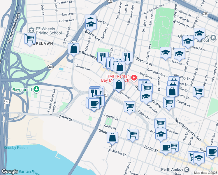 map of restaurants, bars, coffee shops, grocery stores, and more near 577 Sayre Avenue in Perth Amboy