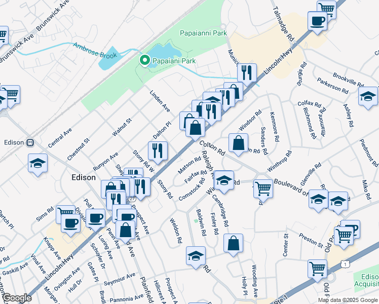 map of restaurants, bars, coffee shops, grocery stores, and more near 26 Matson Road in Edison
