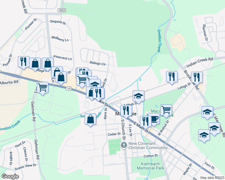 map of restaurants, bars, coffee shops, grocery stores, and more near 101 North Church Street in Macungie