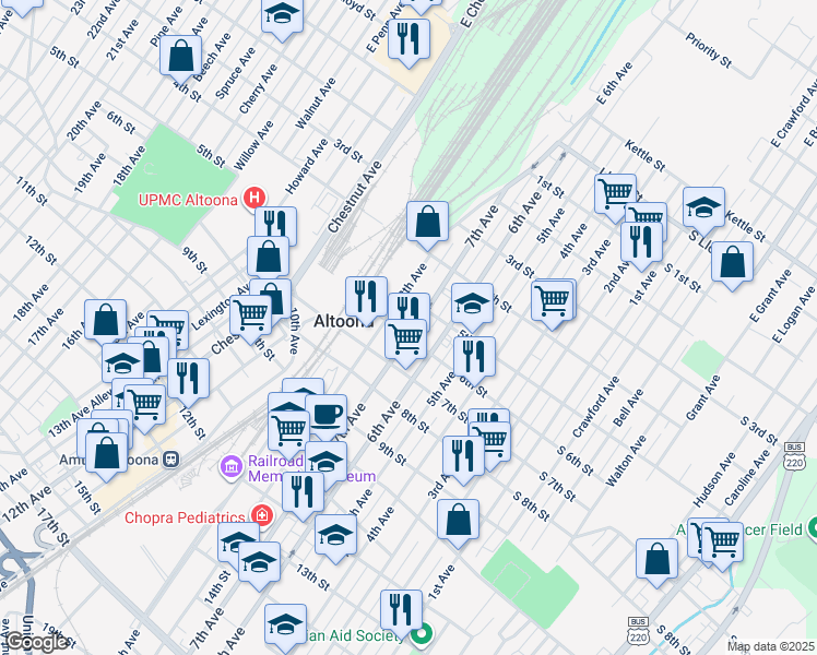map of restaurants, bars, coffee shops, grocery stores, and more near 522 6th Avenue in Altoona