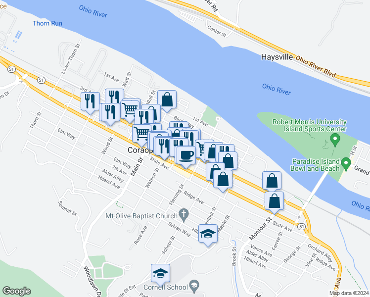map of restaurants, bars, coffee shops, grocery stores, and more near 1010 Pennsylvania 51 in Coraopolis