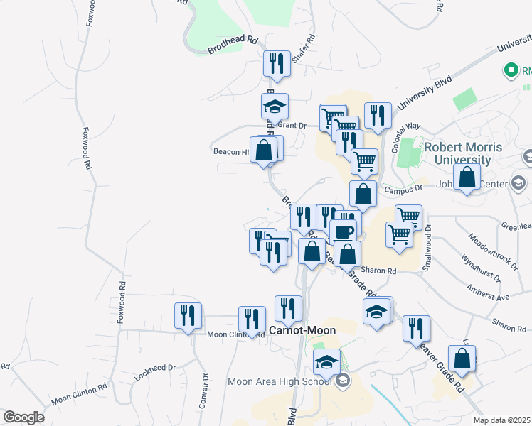 map of restaurants, bars, coffee shops, grocery stores, and more near 1203 Colony West Drive in Carnot-Moon