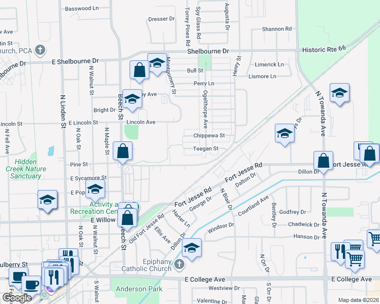 map of restaurants, bars, coffee shops, grocery stores, and more near 700-756 Pine St in Normal