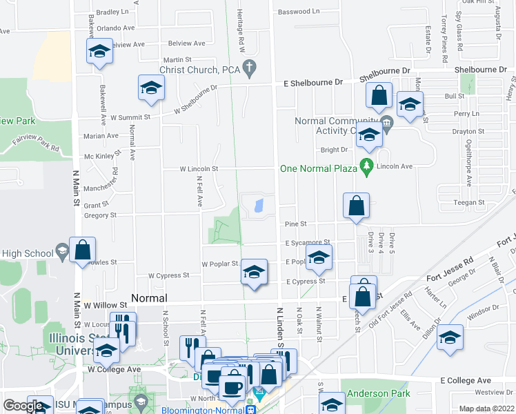 map of restaurants, bars, coffee shops, grocery stores, and more near 102 East Sycamore Street in Normal