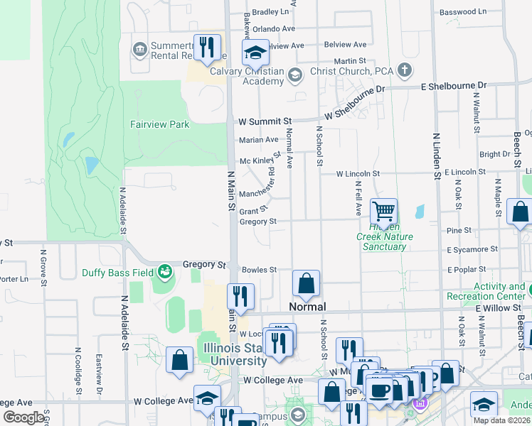 map of restaurants, bars, coffee shops, grocery stores, and more near 1 Reynolds Court in Normal