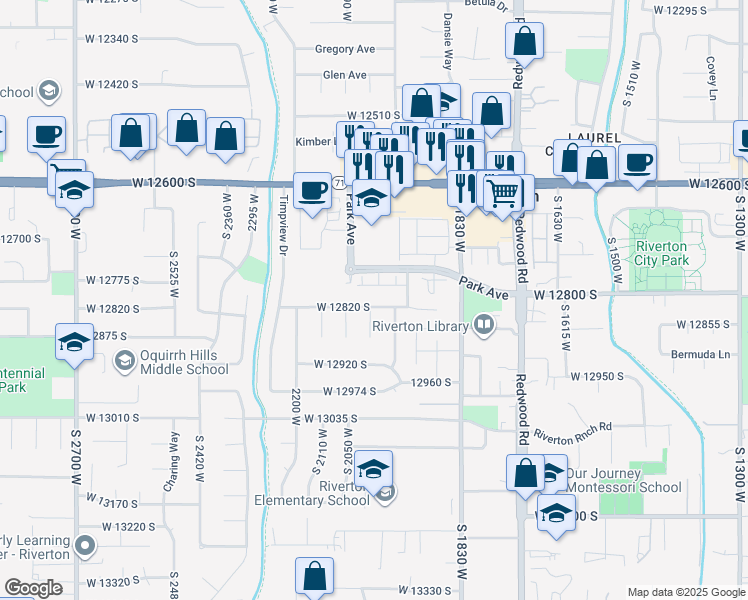 map of restaurants, bars, coffee shops, grocery stores, and more near 2028 West 12820 South in Riverton
