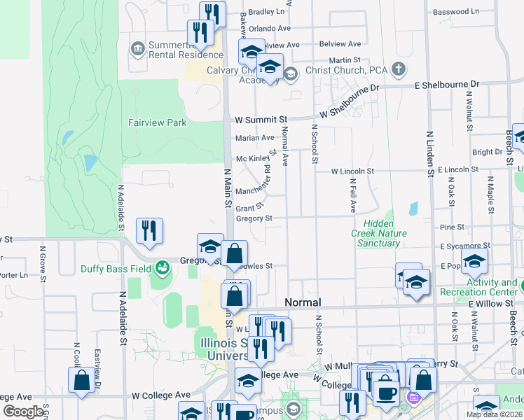 map of restaurants, bars, coffee shops, grocery stores, and more near 1 Reynolds Court in Normal