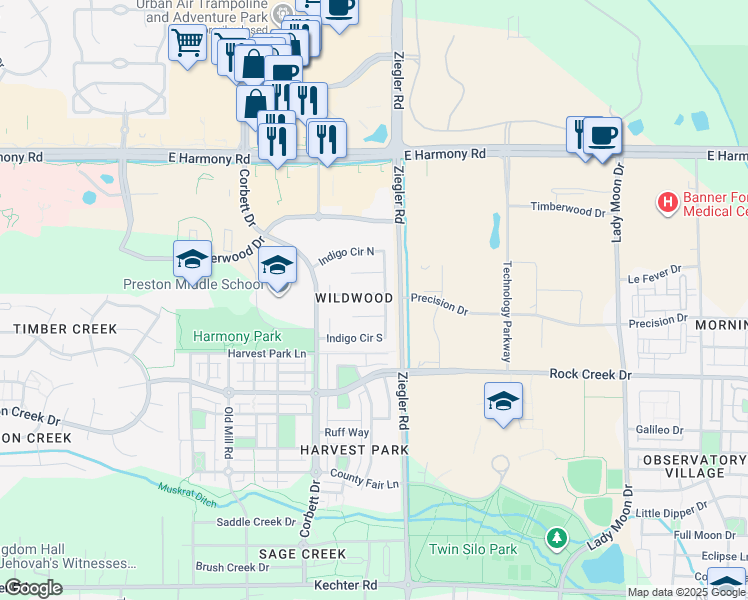 map of restaurants, bars, coffee shops, grocery stores, and more near 3019 Ninebark Drive in Fort Collins