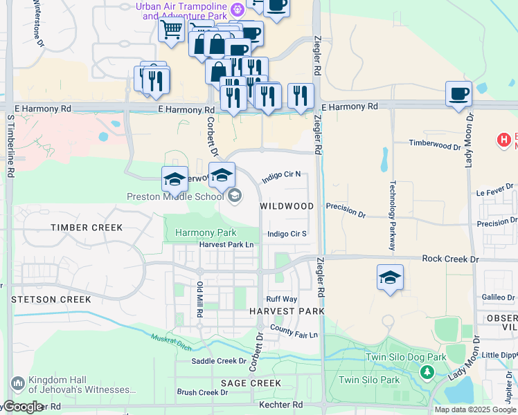 map of restaurants, bars, coffee shops, grocery stores, and more near 4901 Corbett Drive in Fort Collins