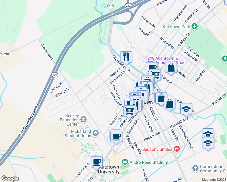 map of restaurants, bars, coffee shops, grocery stores, and more near 231 North Whiteoak Street in Kutztown