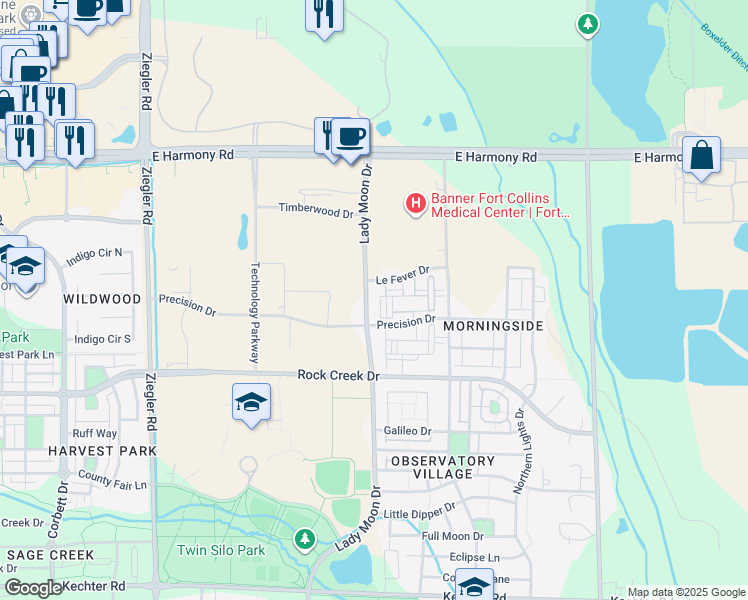 map of restaurants, bars, coffee shops, grocery stores, and more near 3701 Le Fever Drive in Fort Collins