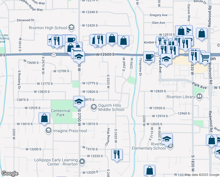 map of restaurants, bars, coffee shops, grocery stores, and more near 2421 West 12835 South in Riverton