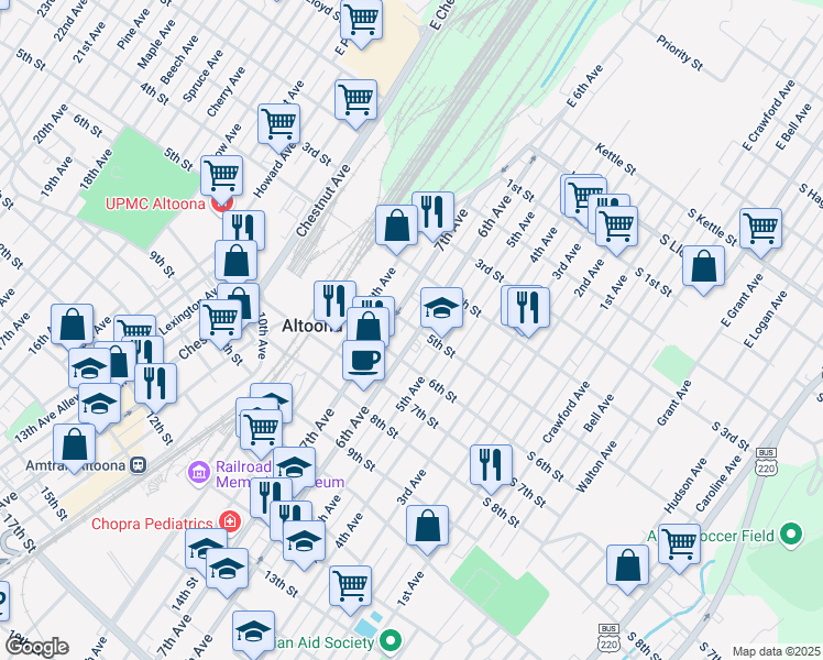 map of restaurants, bars, coffee shops, grocery stores, and more near 522 6th Avenue in Altoona