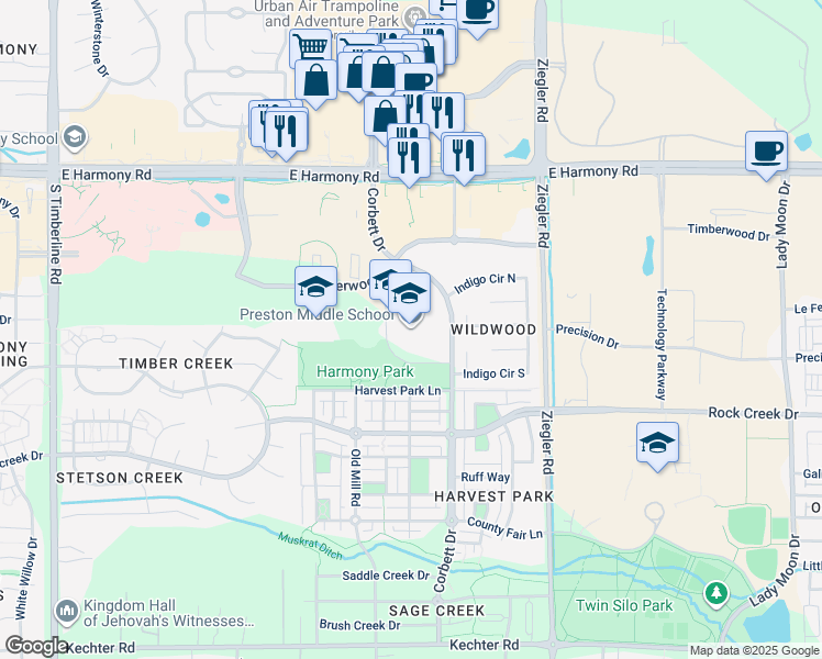 map of restaurants, bars, coffee shops, grocery stores, and more near 4901 Corbett Drive in Fort Collins