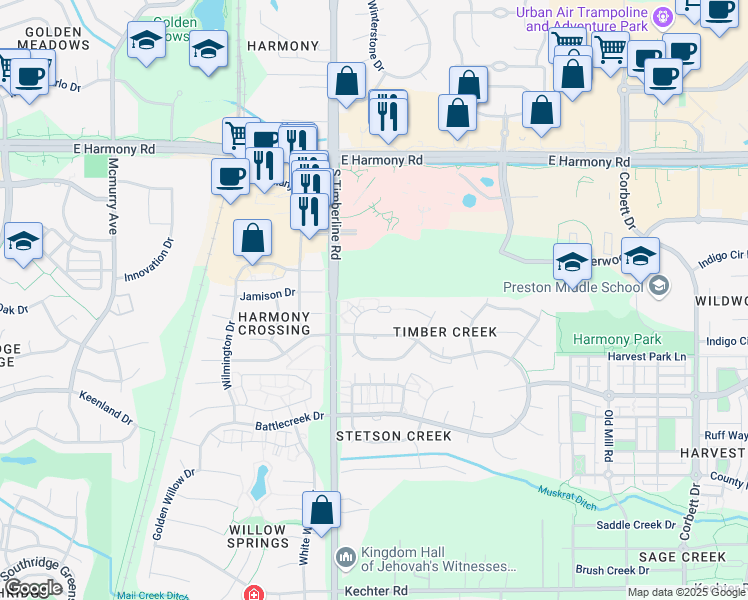map of restaurants, bars, coffee shops, grocery stores, and more near 2120 Timber Creek Drive in Fort Collins