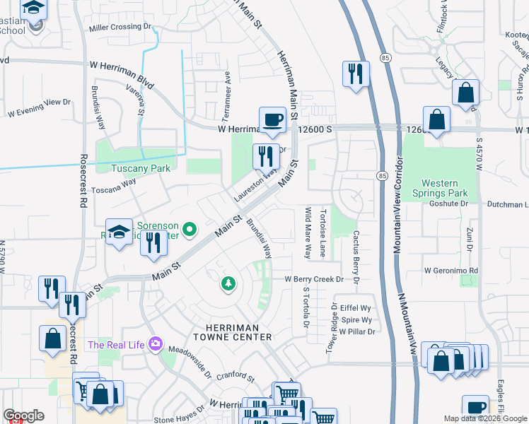 map of restaurants, bars, coffee shops, grocery stores, and more near 12883 S Brundisi Way in Herriman