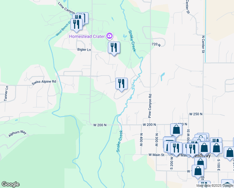map of restaurants, bars, coffee shops, grocery stores, and more near 340 Rainbow Lane in Midway