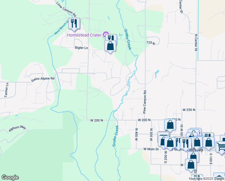 map of restaurants, bars, coffee shops, grocery stores, and more near 340 Rainbow Lane in Midway