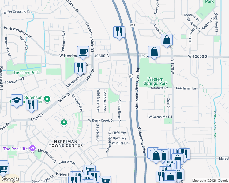map of restaurants, bars, coffee shops, grocery stores, and more near 4911 Western Hills Drive in Riverton