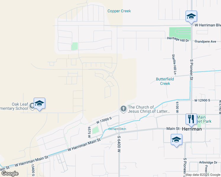 map of restaurants, bars, coffee shops, grocery stores, and more near 6486 Muzzle Loader Drive in Herriman