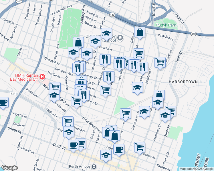 map of restaurants, bars, coffee shops, grocery stores, and more near 532 Penn Street in Perth Amboy