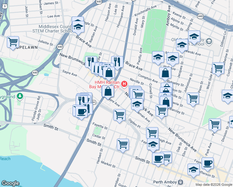 map of restaurants, bars, coffee shops, grocery stores, and more near 546 Sayre Avenue in Perth Amboy
