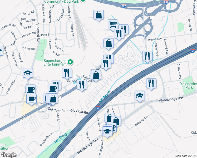 map of restaurants, bars, coffee shops, grocery stores, and more near 913 Forest Haven Boulevard in Edison