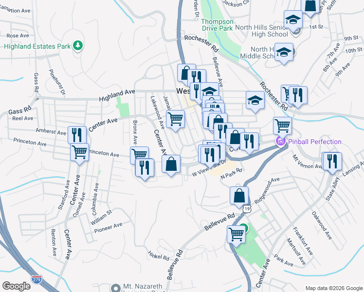 map of restaurants, bars, coffee shops, grocery stores, and more near 94 Lakewood Avenue in Pittsburgh