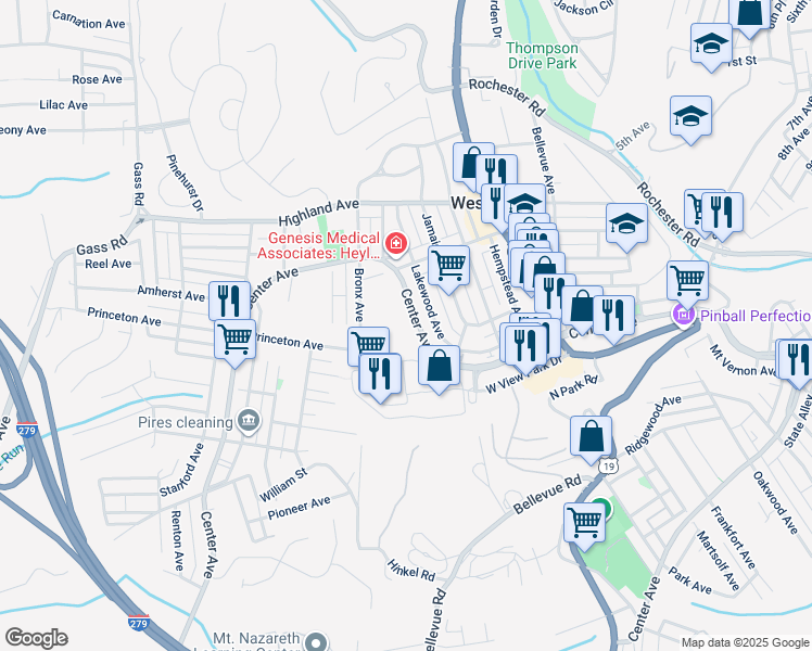 map of restaurants, bars, coffee shops, grocery stores, and more near 921 Center Avenue in West View