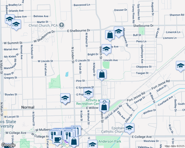 map of restaurants, bars, coffee shops, grocery stores, and more near 900 North Walnut Street in Normal
