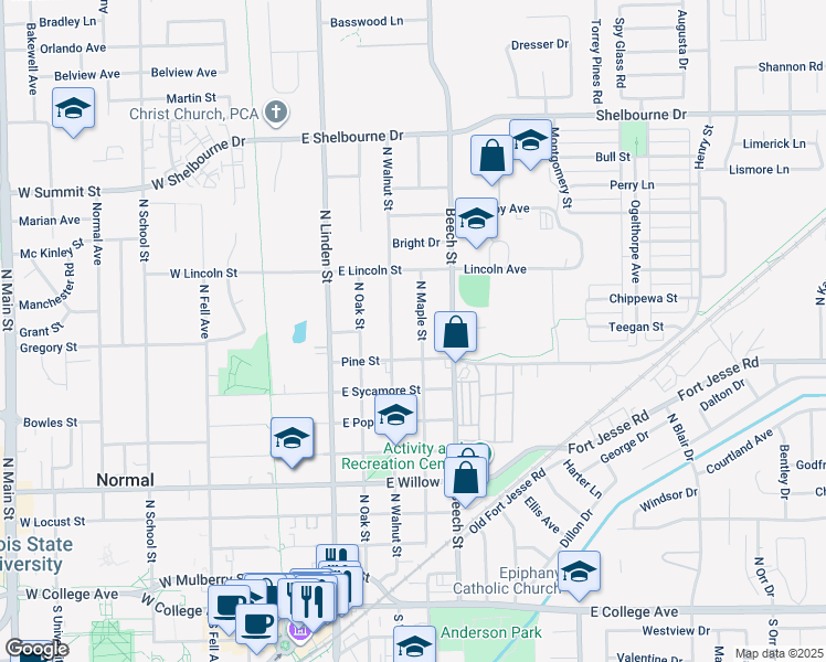 map of restaurants, bars, coffee shops, grocery stores, and more near 900 North Walnut Street in Normal
