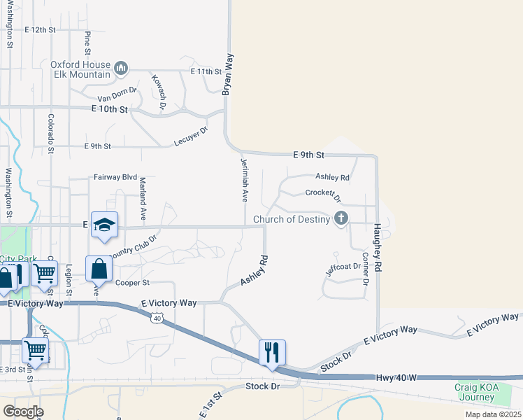 map of restaurants, bars, coffee shops, grocery stores, and more near 730 Ashley Road in Craig