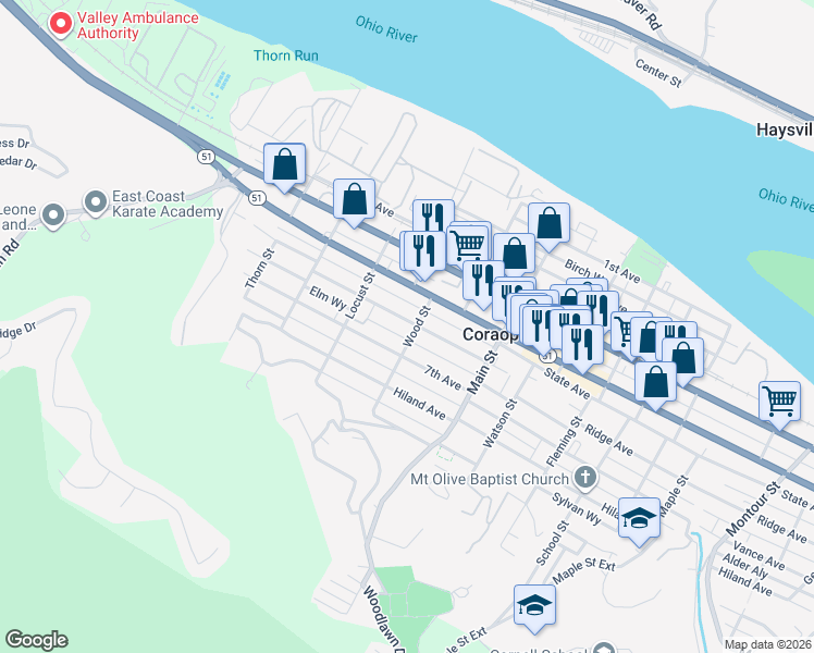 map of restaurants, bars, coffee shops, grocery stores, and more near 746 6th Avenue in Coraopolis