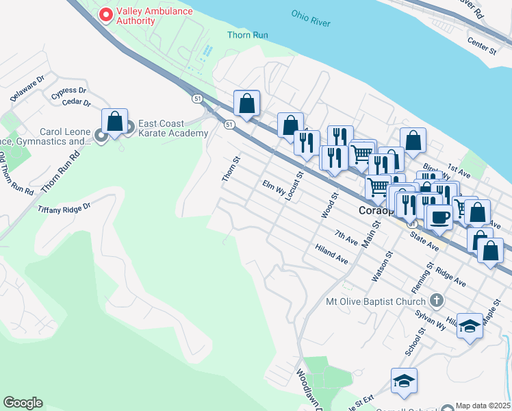 map of restaurants, bars, coffee shops, grocery stores, and more near 613 Hiland Avenue in Coraopolis
