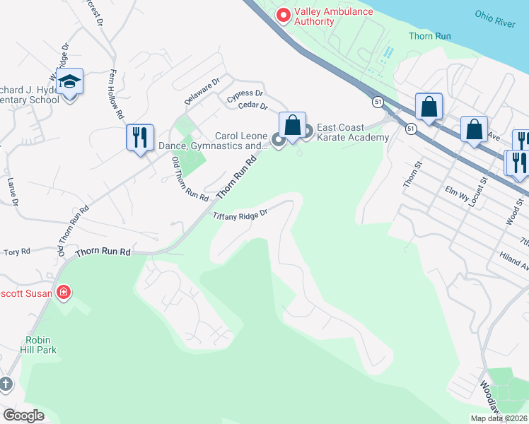 map of restaurants, bars, coffee shops, grocery stores, and more near 211 Tiffany Ridge Drive in Moon