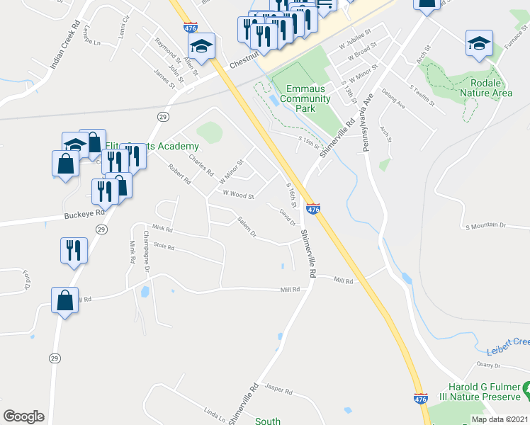 map of restaurants, bars, coffee shops, grocery stores, and more near 4270 David Drive in Emmaus