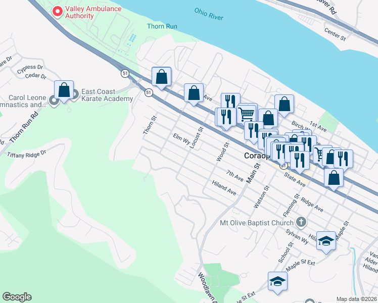 map of restaurants, bars, coffee shops, grocery stores, and more near 698 Locust Street in Coraopolis