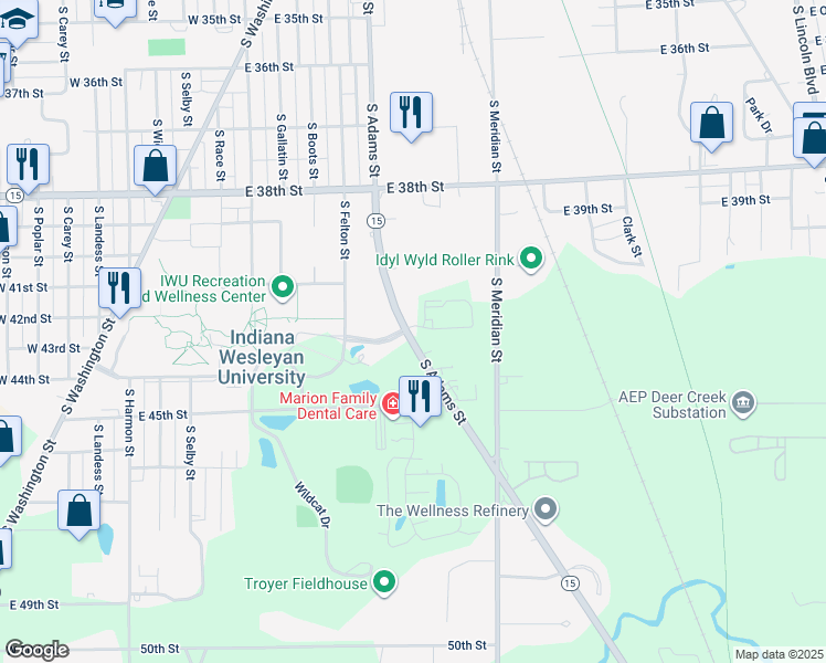 map of restaurants, bars, coffee shops, grocery stores, and more near 4211 South Adams Street in Marion