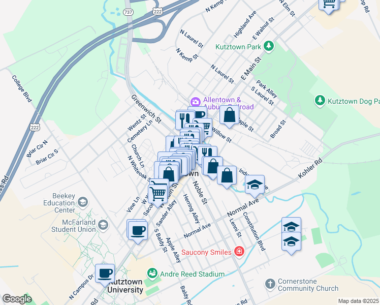 map of restaurants, bars, coffee shops, grocery stores, and more near in Kutztown