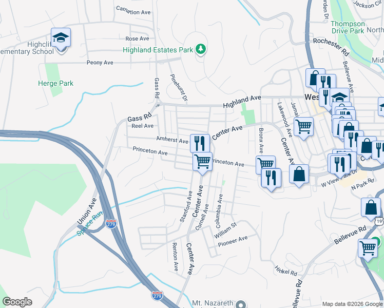 map of restaurants, bars, coffee shops, grocery stores, and more near 206 Princeton Avenue in Pittsburgh