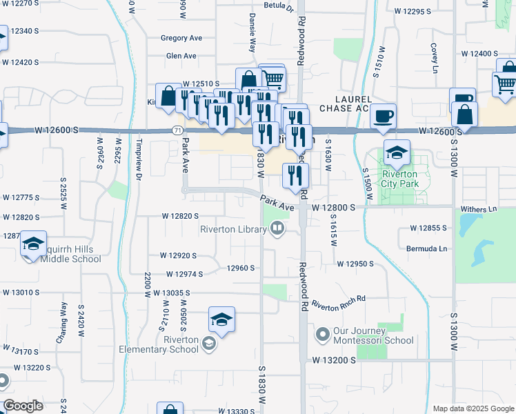 map of restaurants, bars, coffee shops, grocery stores, and more near 12802 South 1830 West in Riverton