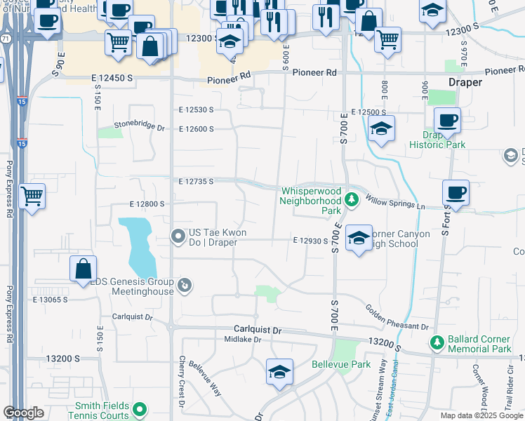 map of restaurants, bars, coffee shops, grocery stores, and more near 12892 South 600 East in Draper