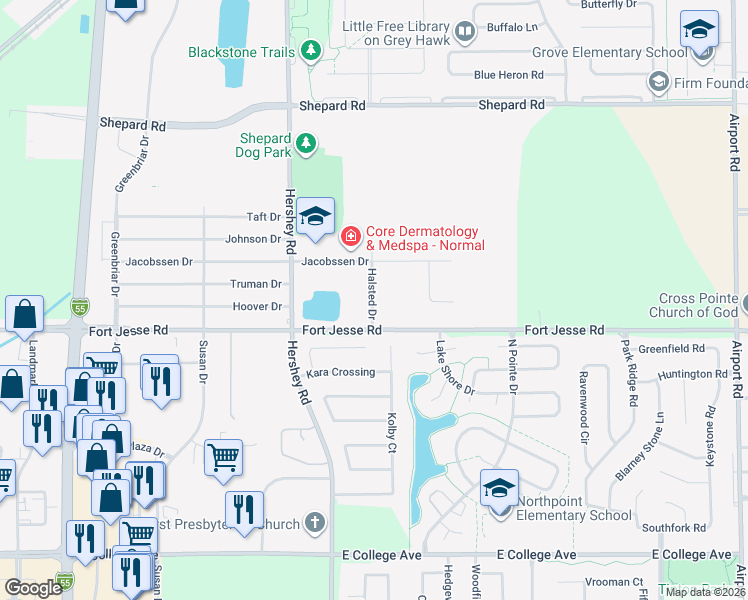 map of restaurants, bars, coffee shops, grocery stores, and more near 2066 Fort Jesse Road in Normal