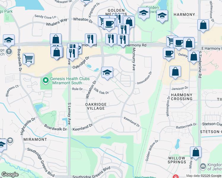 map of restaurants, bars, coffee shops, grocery stores, and more near 1413 Silk Oak Drive in Fort Collins