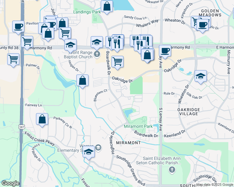map of restaurants, bars, coffee shops, grocery stores, and more near 718 Meadow Run Drive in Fort Collins