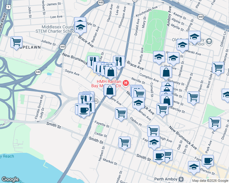 map of restaurants, bars, coffee shops, grocery stores, and more near 546 Sayre Avenue in Perth Amboy